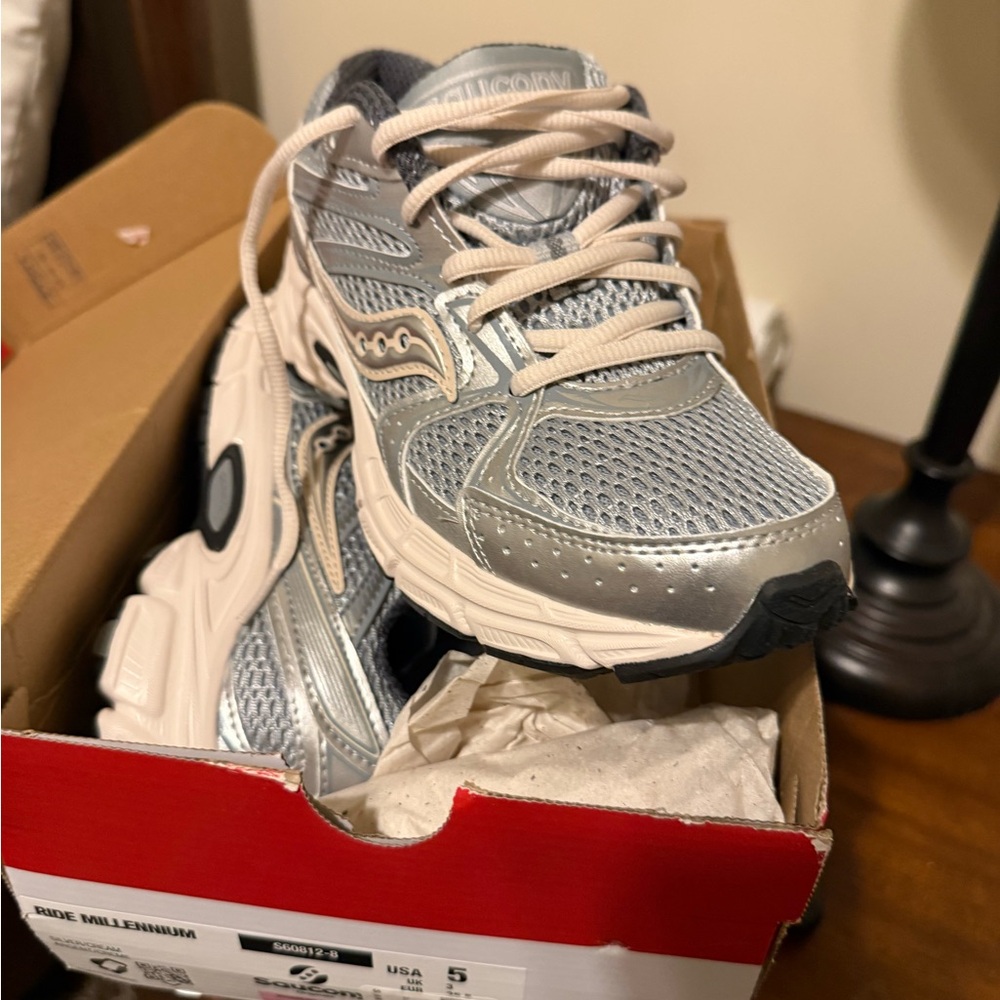 Saucony Metallic Silver and Cream Sneakers